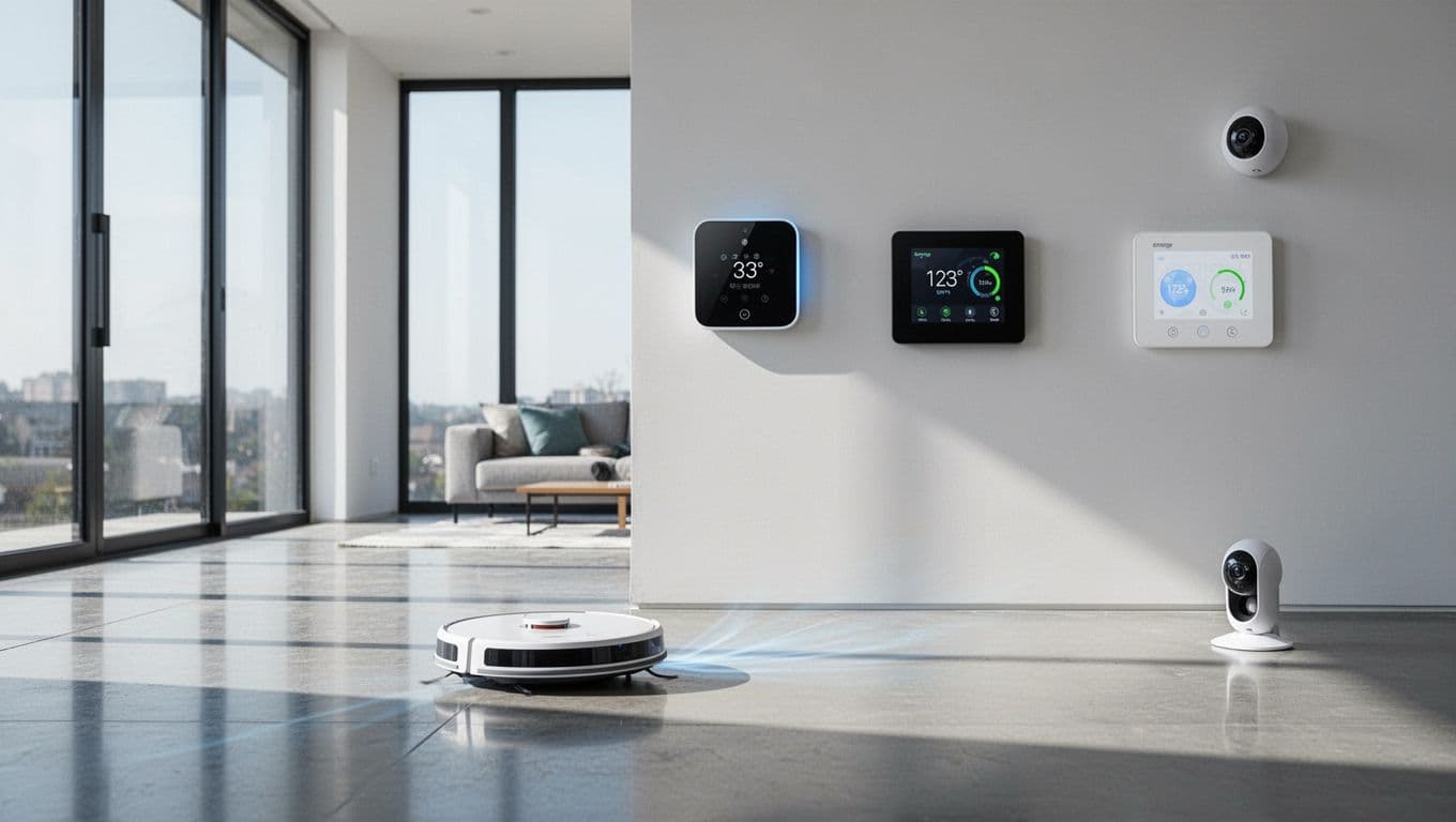 Modern illustration featuring emerging smart home devices like AI robot vacuum cleaning the floor, smart thermostat on the wall, energy monitor panel, and security camera in a contemporary living room with large windows and natural daylight.