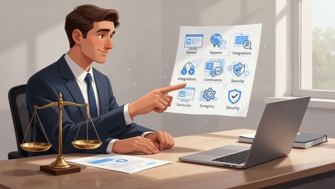 Modern illustration of a checklist or balanced scale evaluating HR software features, integrations, and security icons on a desk with laptop and relaxed pointing hand in a clean workspace.