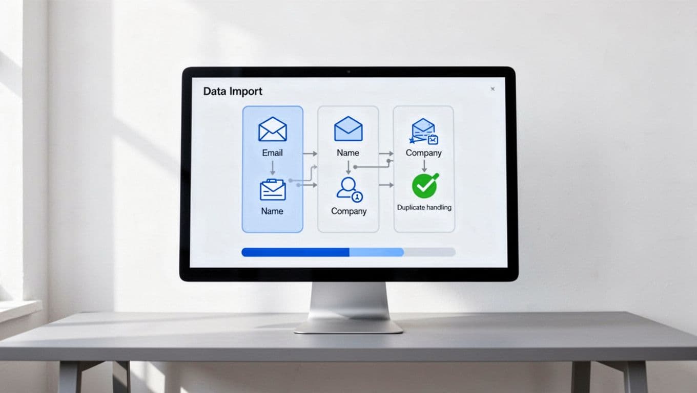 Modern illustration in blues and greens depicting HubSpot import screen with CSV file upload, side-by-side field mapping matching email to email, name to name, company to company, duplicate checkmarks, and progress bar on a minimal desk with one monitor.