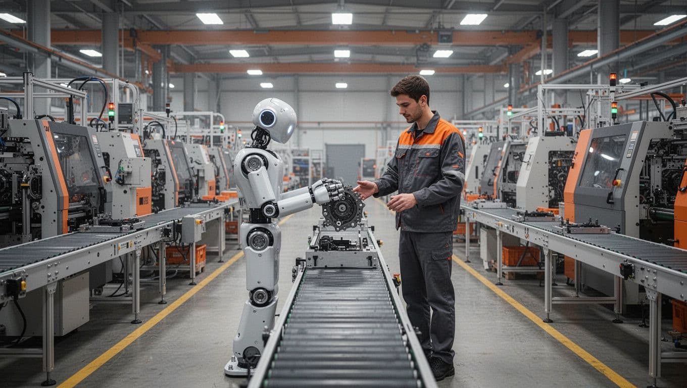 Modern illustration of a humanoid robot assembling parts in a factory alongside a human worker observing, wide shot with machinery in background, clean metallic grays and oranges, even factory lighting.