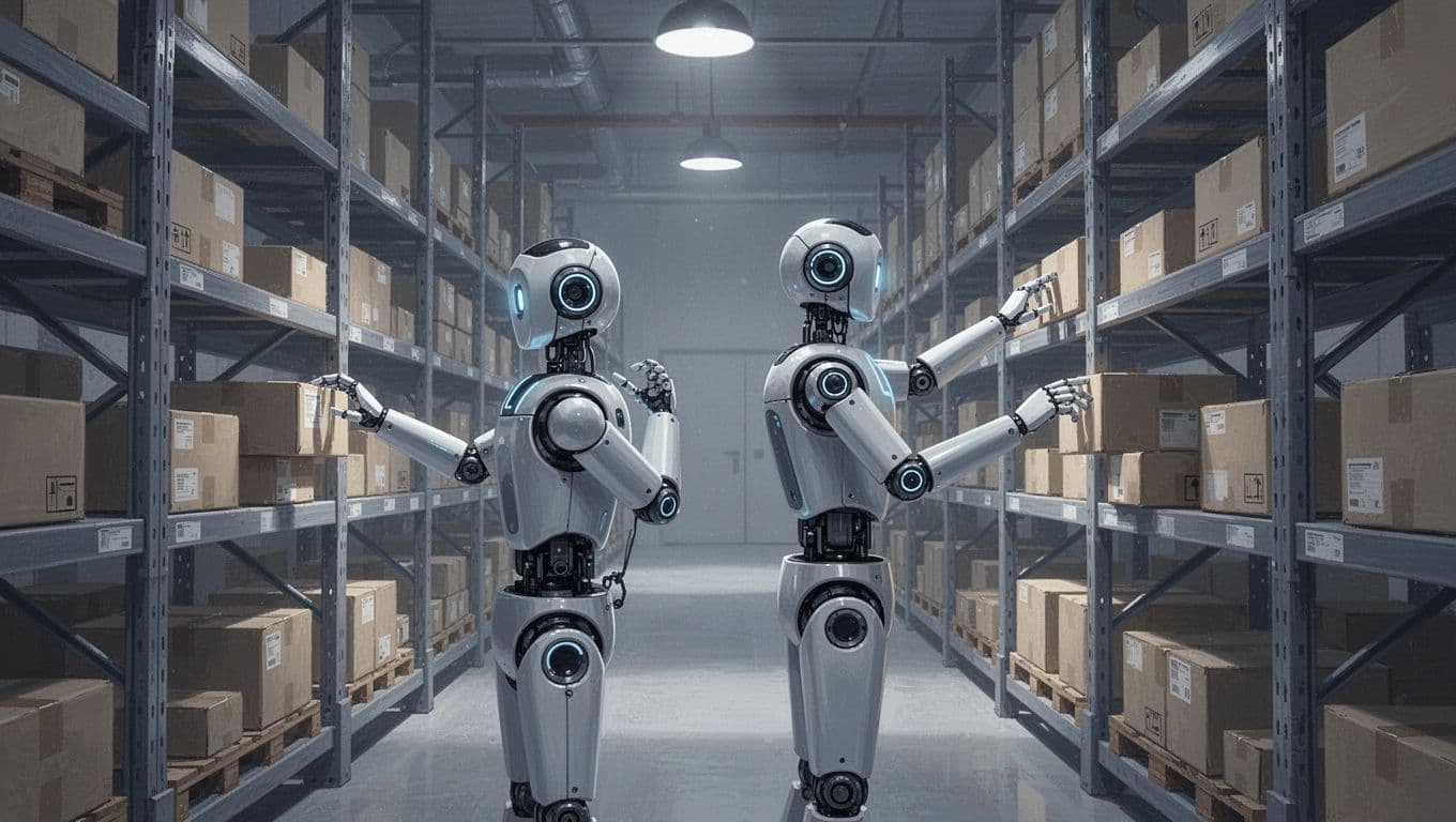 Modern illustration of exactly two humanoid robots picking items from shelves in a warehouse, featuring clean shapes and a cool gray-blue palette with strong side composition.