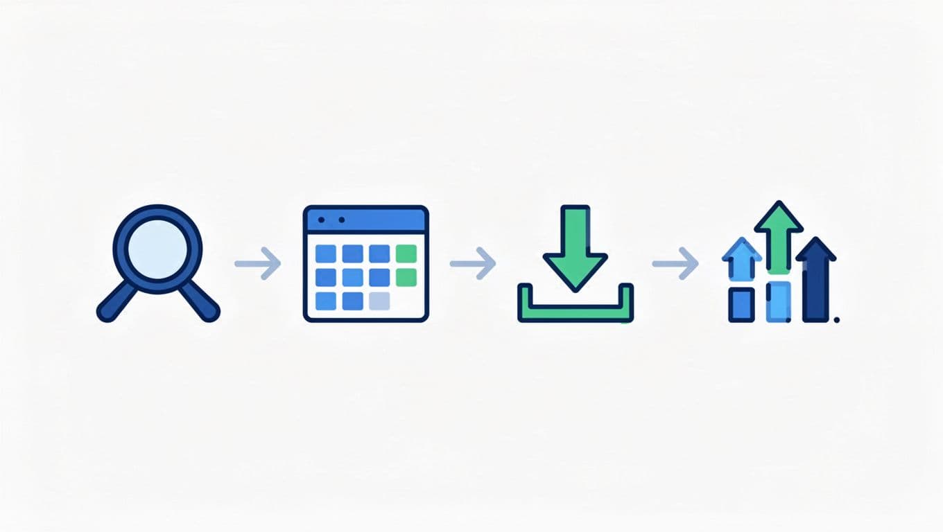 Modern illustration of a simple four-step workflow diagram from Hunter.io dashboard through CSV export to HubSpot import and contacts list, using clean icons connected by arrows in blues and greens on a white background.
