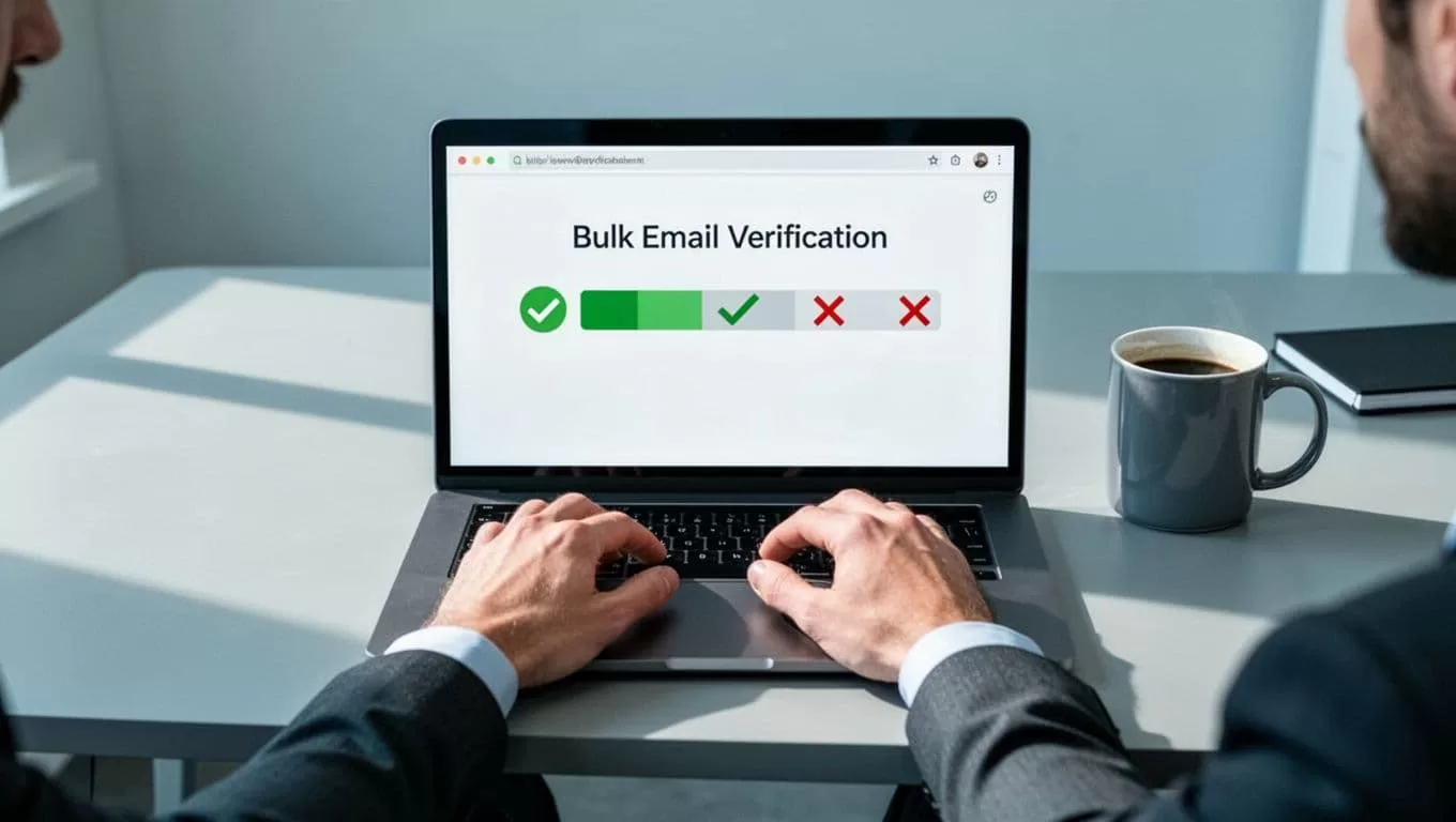 Sales professional at modern desk with laptop open to Hunter.io bulk email verification dashboard, showing CSV upload progress and email status icons like valid green checks and invalid red Xs. Simple office background includes coffee mug, focus on screen and relaxed hands on keyboard in modern illustration style.