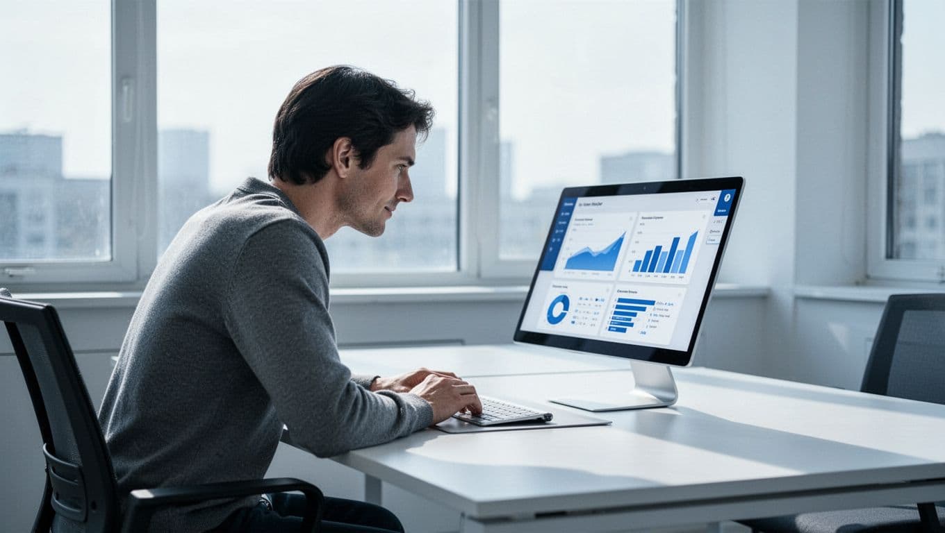 Modern illustration in clean blues and whites: one person at desk with laptop displaying simplified Hunter.io bulk email verification dashboard, relaxed viewing results in bright office.