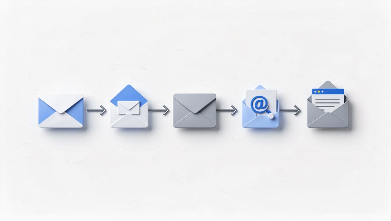 Modern illustration of a flowchart diagram showing steps to find freelance client emails with Hunter.io, using simple icons for company search, domain input, email results, and verification check, connected by arrows on white background with subtle shadows.