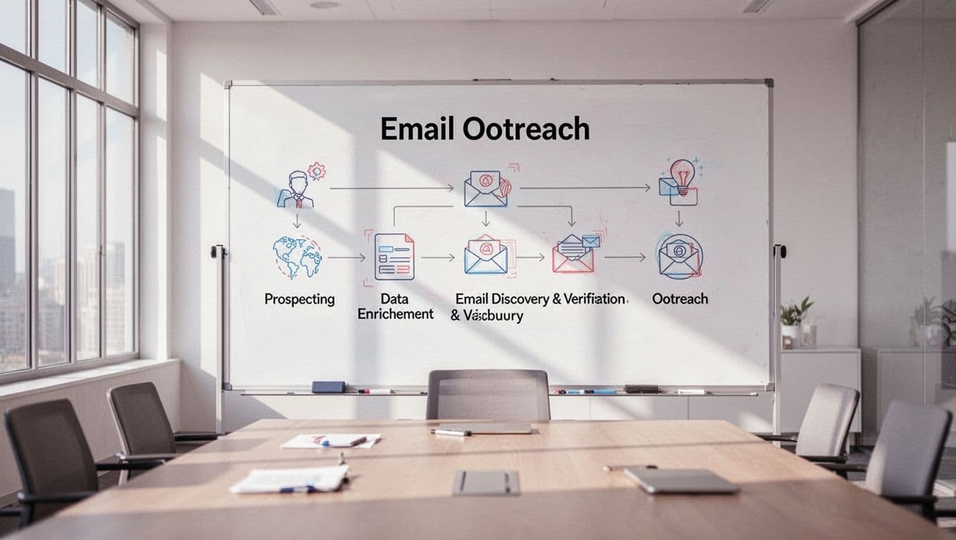 Modern simple flowchart of cold email workflow featuring Hunter.io for email discovery and verification, with icons for prospecting, enrichment, and outreach on a conference room whiteboard in bright daylight.