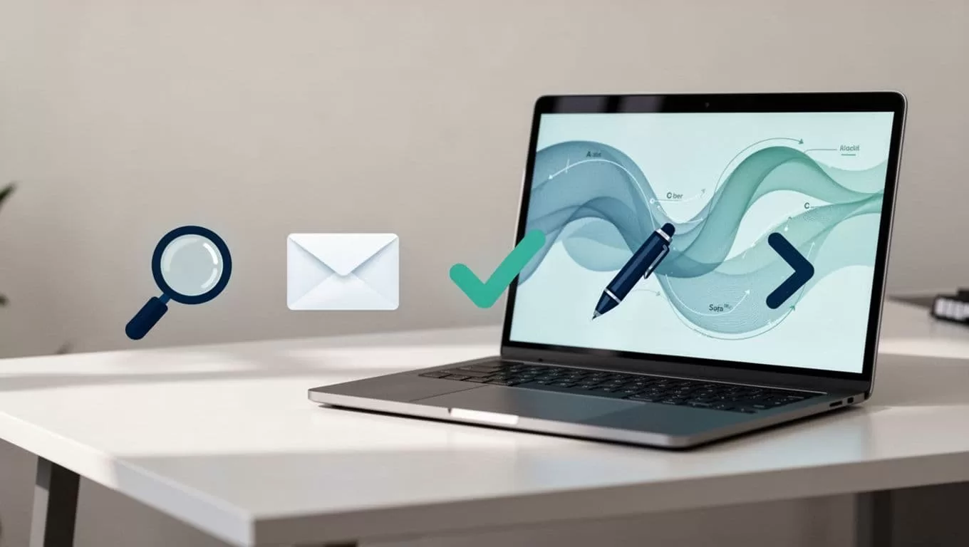 Modern illustration depicting the Hunter.io cold emailing workflow as a horizontal sequence of five icons on a laptop screen: domain search magnifying glass, email finder envelope, verification checkmark, personalization pen, and send arrow, set on a simple desk with soft blue-green palette.