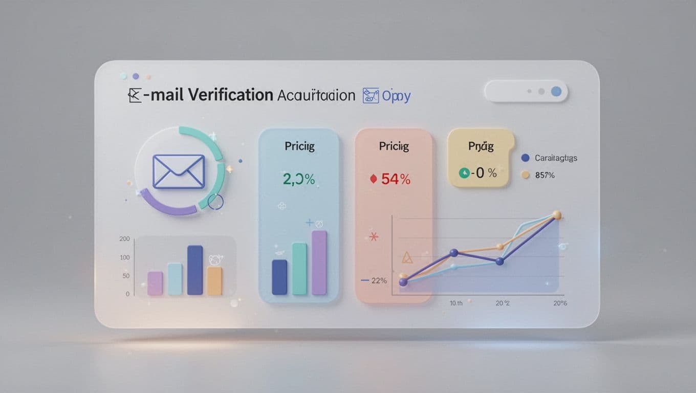 Modern illustration of a comparison chart for B2B data tools on a digital dashboard, featuring icons for email verification accuracy and pricing tiers with simple graph elements on a neutral background.