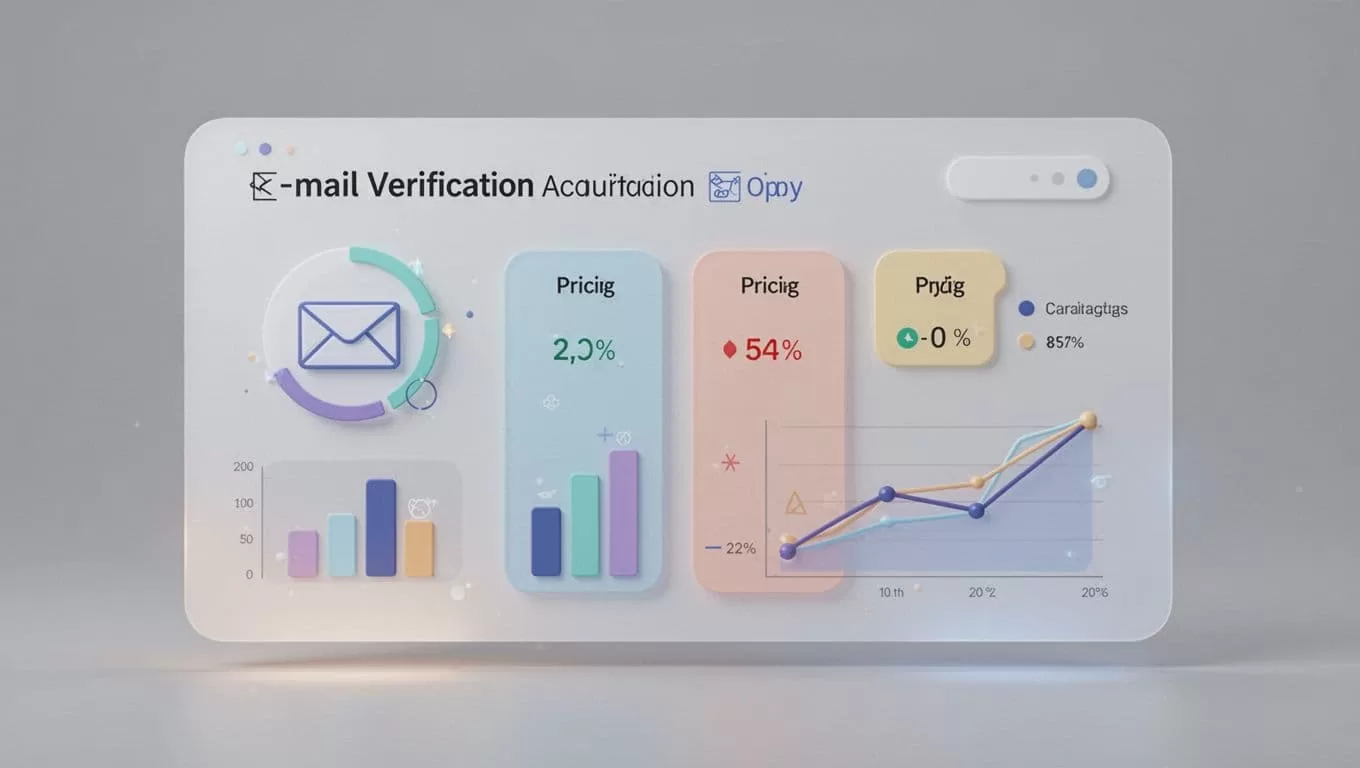 Modern illustration of a comparison chart for B2B data tools on a digital dashboard, featuring icons for email verification accuracy and pricing tiers with simple graph elements on a neutral background.