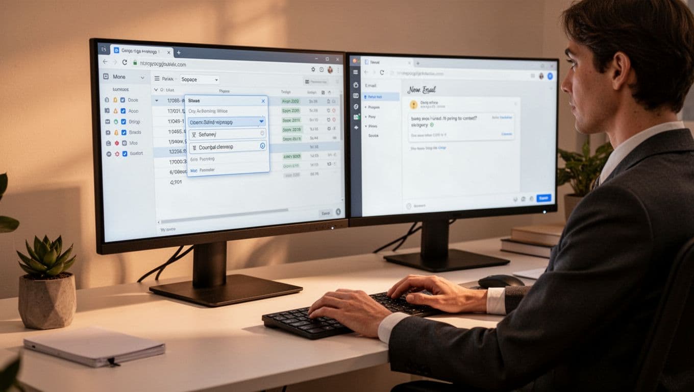 Modern illustration of an agency team member in a professional home office integrating Hunter.io data into CRM or outreach tool on dual monitors with subtle data flow.