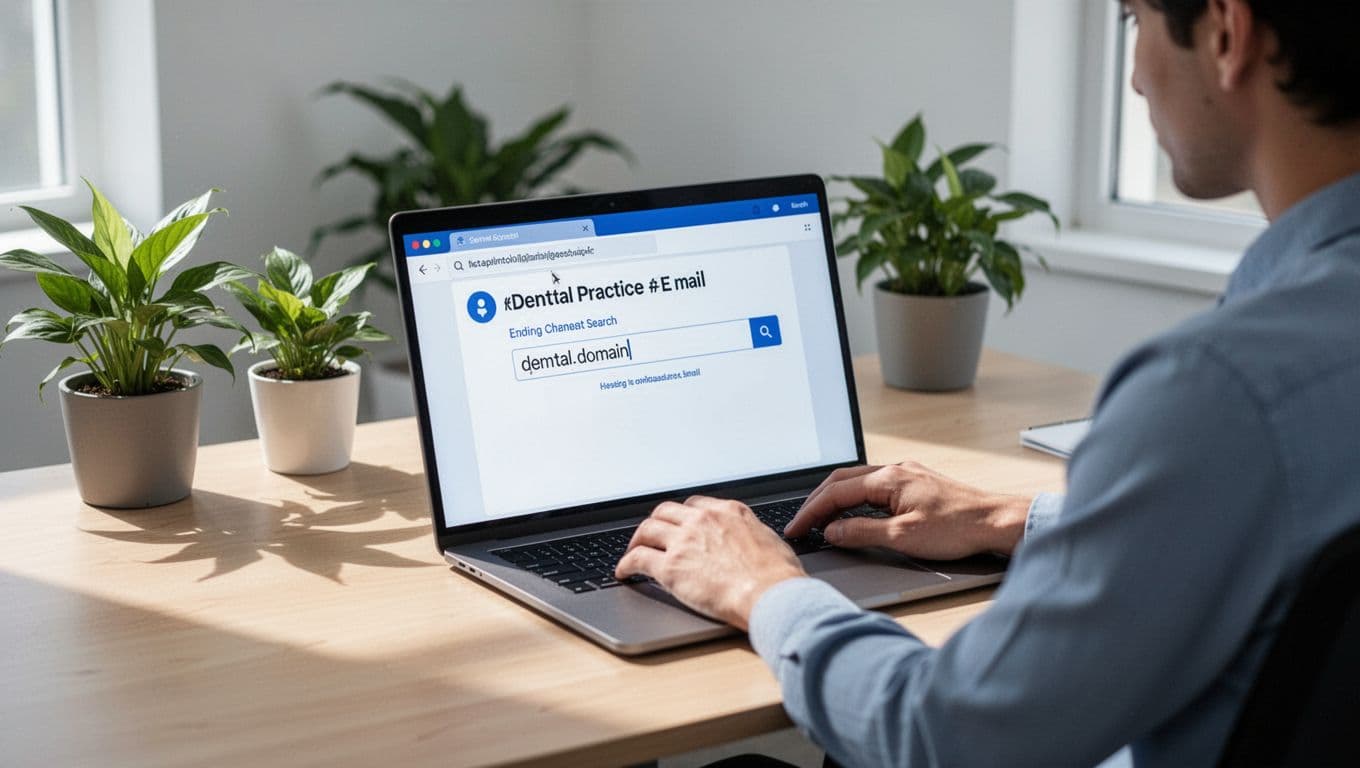 Modern illustration of a single person at a desk using Hunter.io on a laptop to search dentist email addresses by entering a domain like smiledental.com, with clean blue-white palette, focus on screen and hands in simple office with plants.