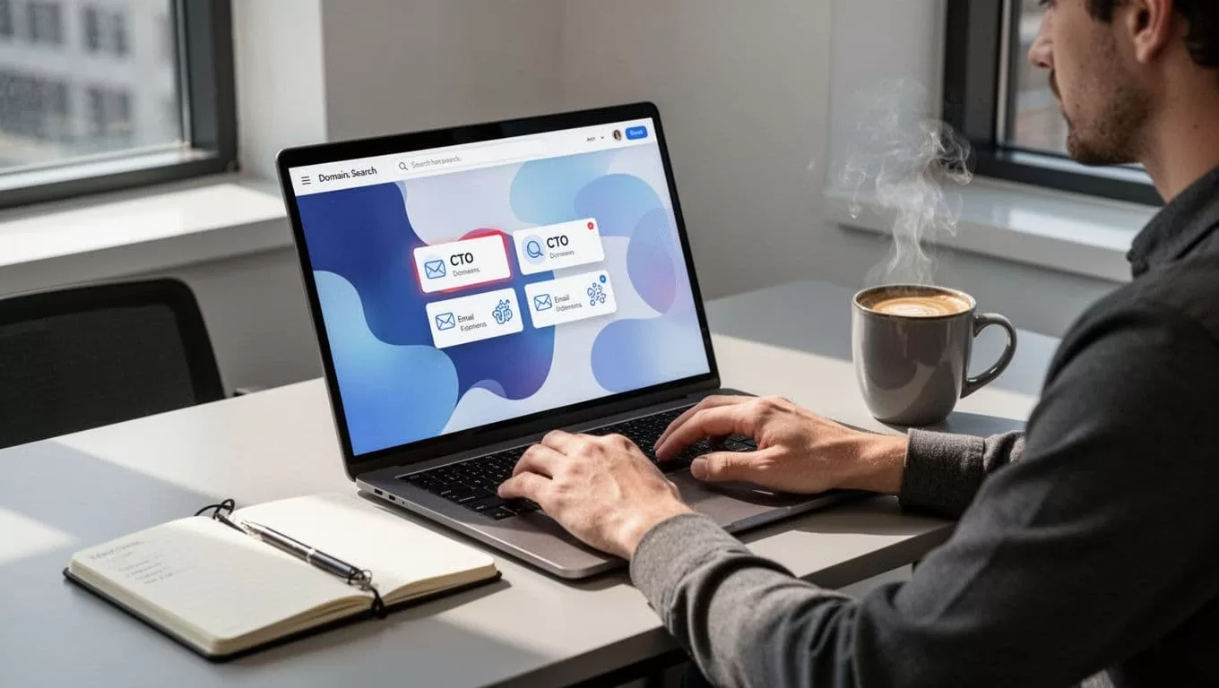 Modern illustration of a laptop screen displaying Hunter.io domain search results for a tech company, highlighting CTO roles and email patterns, viewed by one person at a desk with notebook and coffee in natural office lighting.