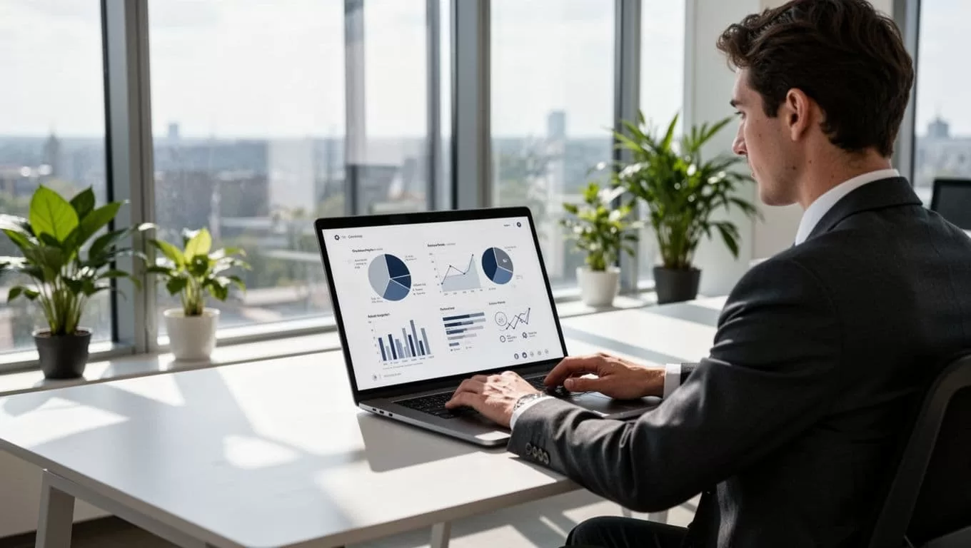 Modern illustration of a professional in a bright office using a laptop to perform a Hunter.io domain search, revealing email patterns for software engineers at a tech company.