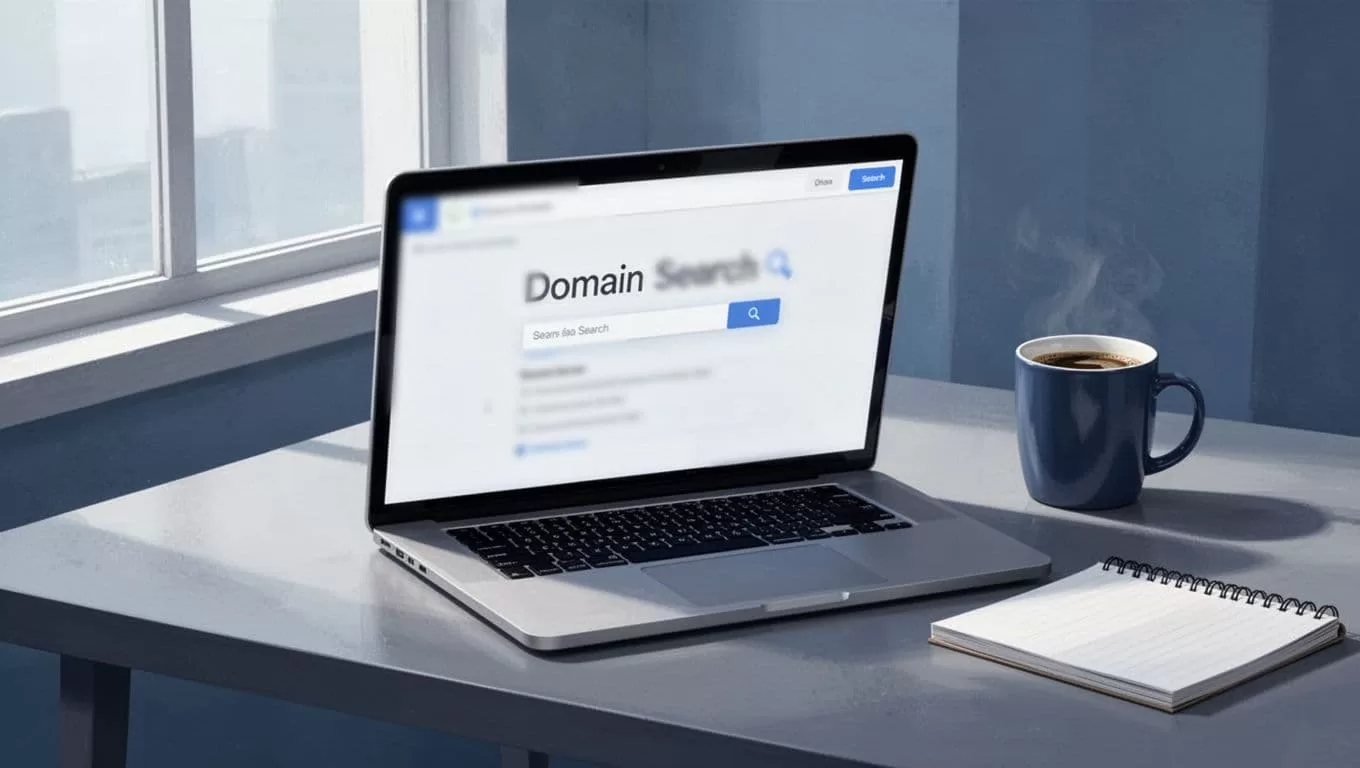 Modern illustration featuring a laptop on a desk displaying a blurred Hunter.io domain search interface for a news website like CNN.com, with a coffee mug and notepad nearby, illuminated by side window light.