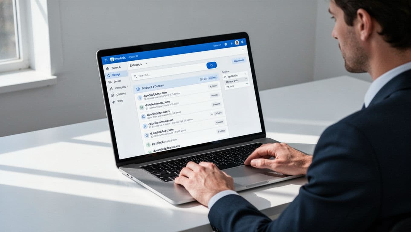 Modern illustration of a person at a desk using a laptop to search for emails on the Hunter.io dashboard, with focus on the screen showing domain search results in a clean blue and white color palette.