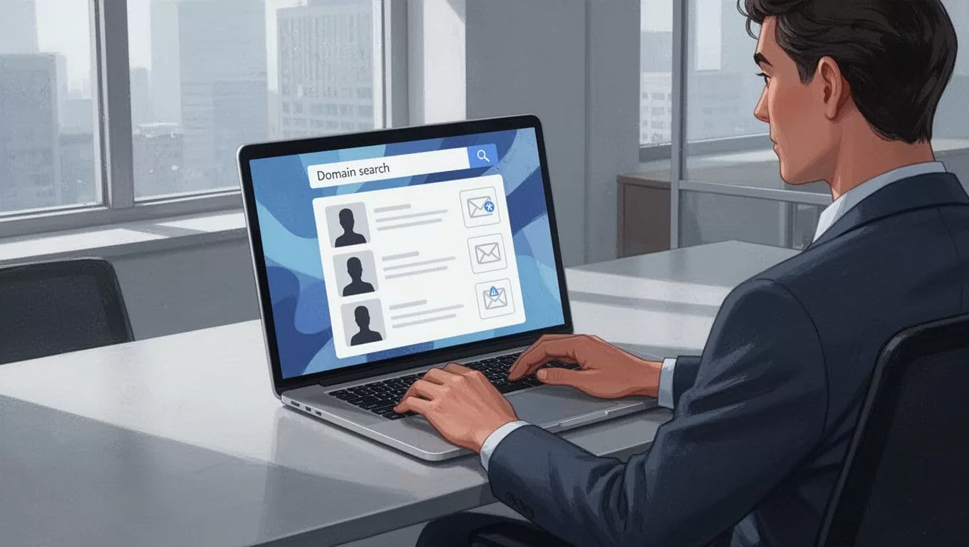 Modern illustration featuring a laptop on an office desk displaying an abstract Hunter.io domain search interface with an input field containing a domain and a list of profile icons and email placeholders below. A single person is seated viewing the screen with relaxed hands on the keyboard, using a controlled blues and grays palette under natural office lighting.