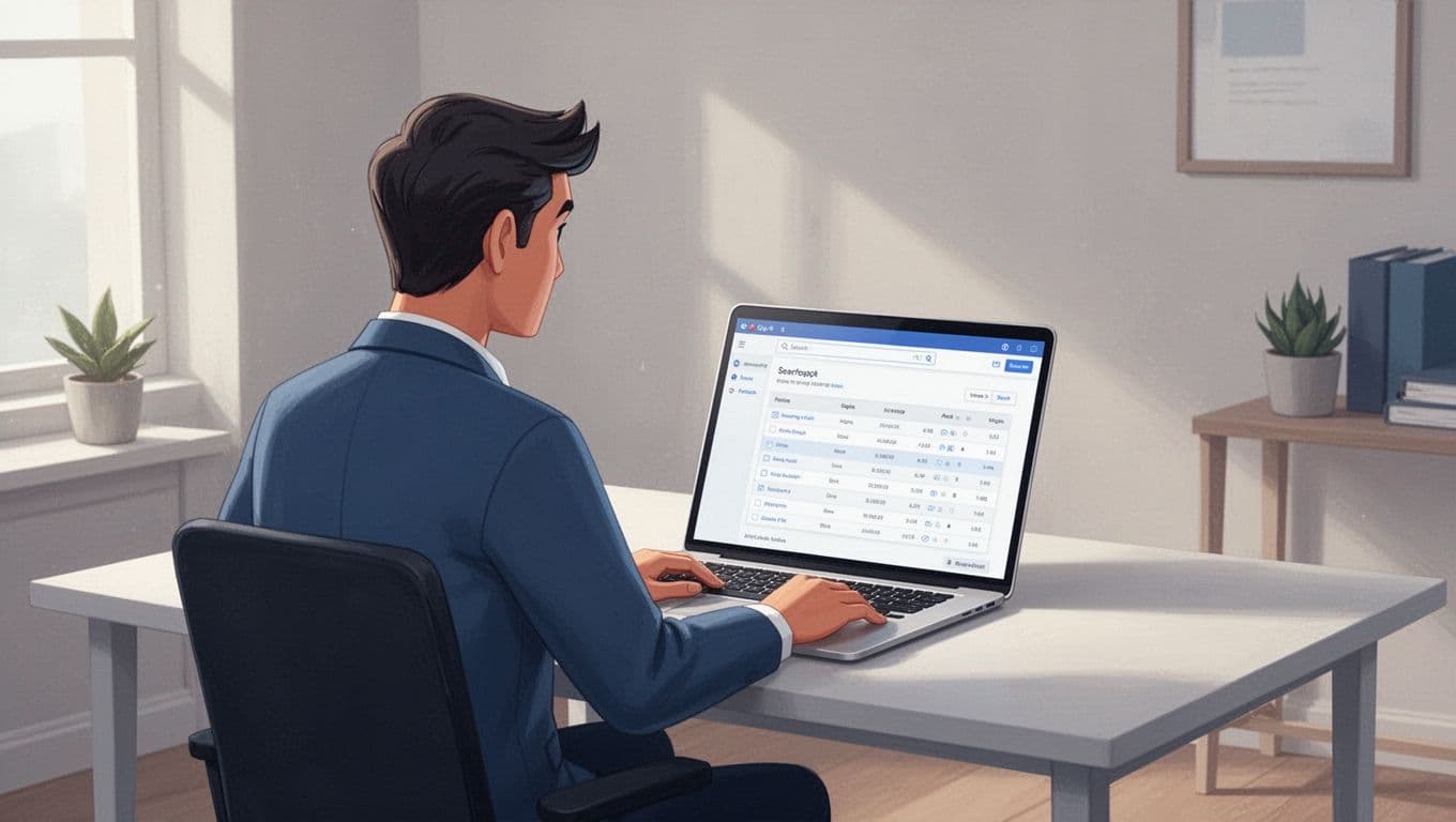 Modern illustration of a person at a desk using a laptop to search for emails on Hunter.io, showing domain search results with listed email addresses in a clean office setting.