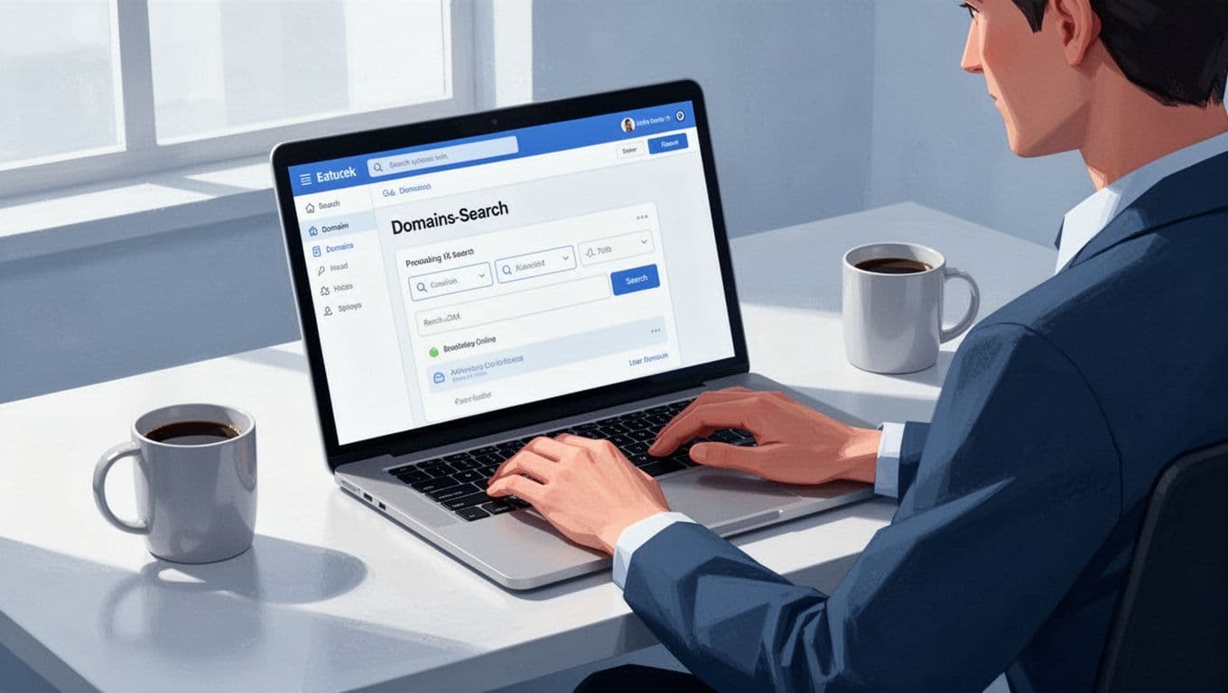 Modern illustration of a person at a desk using a laptop to search for emails on Hunter.io, featuring a clean office setting with a coffee mug, focused on the abstract search interface.