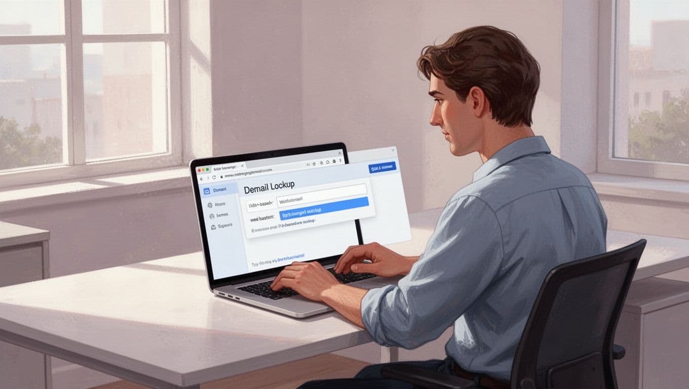 Modern illustration of a person at a desk using a laptop on the Hunter.io domain search interface, entering a domain like example.com, relaxed pose in an office setting with natural light.