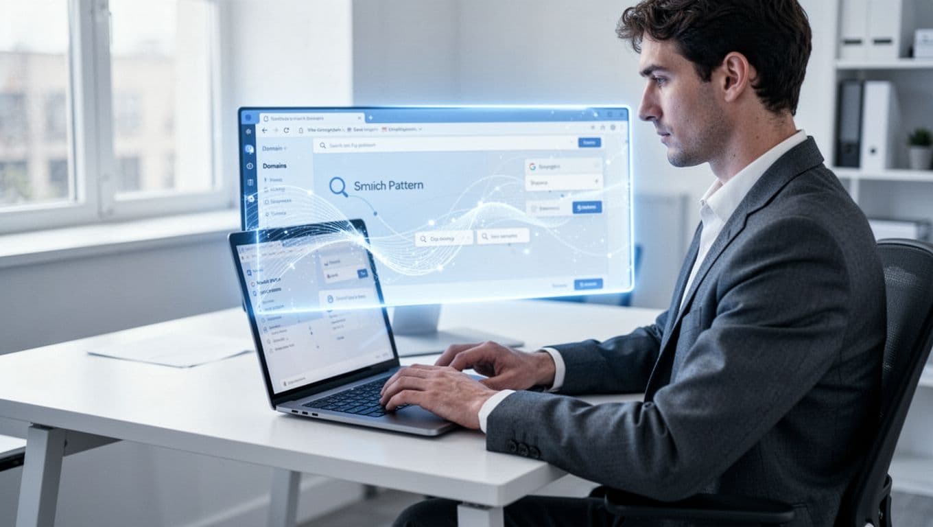 Modern illustration of a person at a desk in a clean office using Hunter.io web interface on a laptop to search company domains and email patterns, with subtle screen glow showing search bar and results.