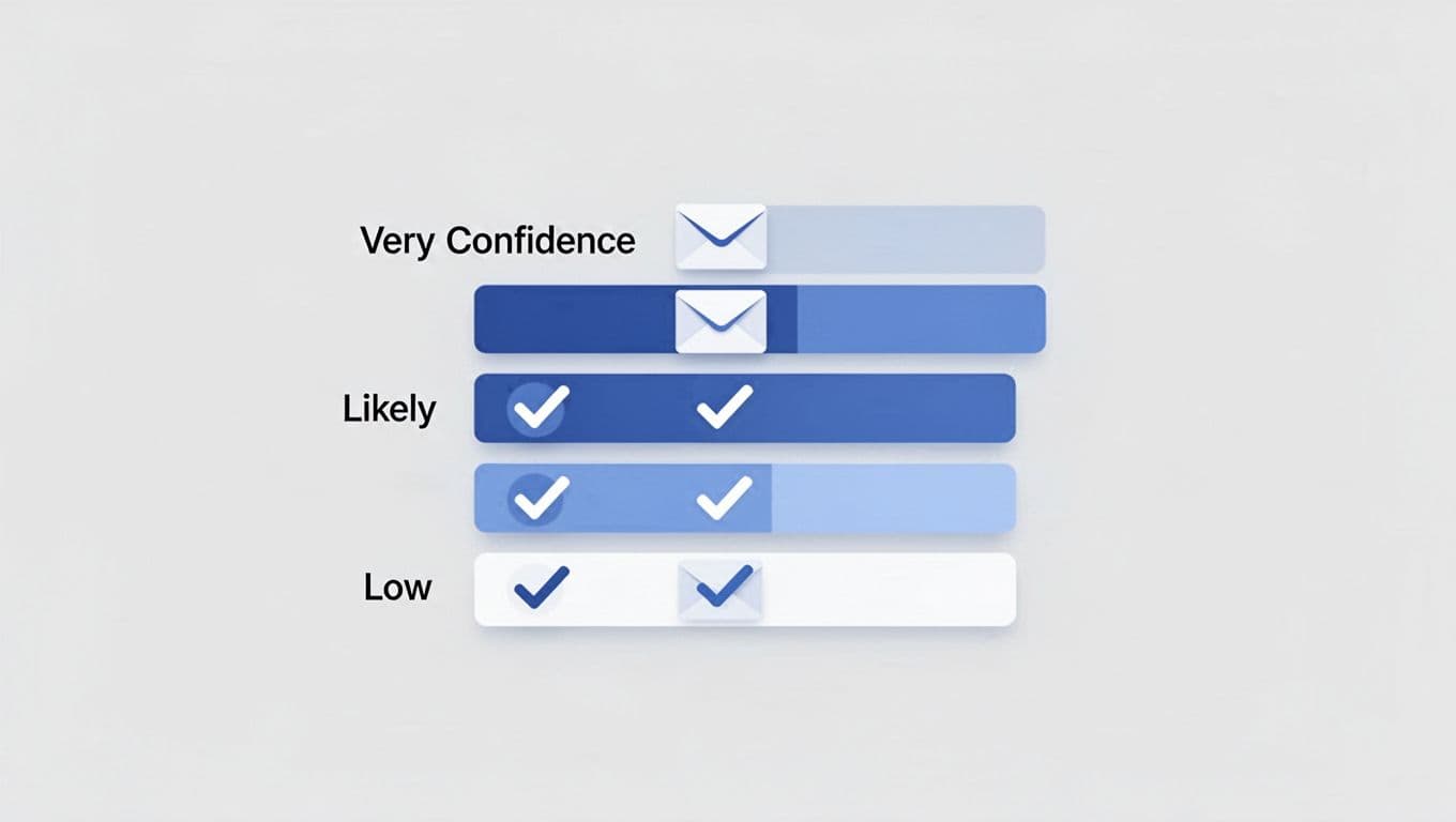 Modern illustration of email confidence scores from Hunter.io results page, featuring levels like very likely, likely, and low with simple verification checkmark icons in a clean blue and white palette.