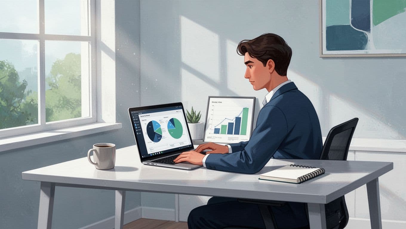 Modern illustration of a sales rep at a tidy home office desk, intently viewing abstract Hunter.io domain search results on a laptop screen. Controlled blues, greens, and whites palette with natural window light, coffee mug, and notebook nearby.