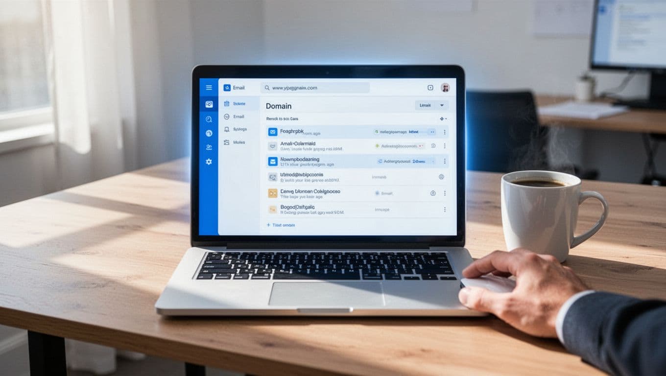 Modern illustration of a laptop on a wooden desk in a bright office, screen displaying Hunter.io email finder interface with a domain in the search bar, coffee mug nearby, and one hand on the mouse.