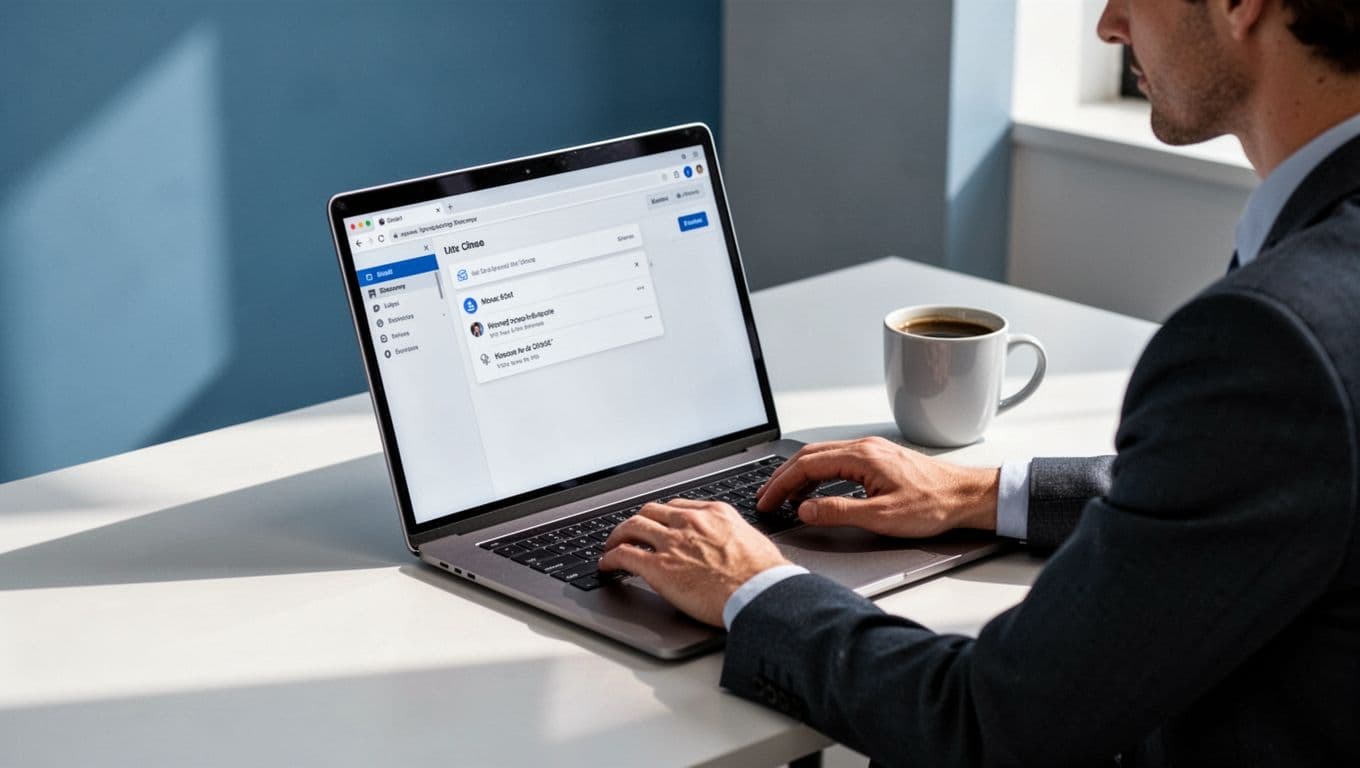 Modern illustration of a sales professional at a clean desk with laptop open to Hunter.io dashboard showing email finder results and a nearby coffee mug in a simple office.