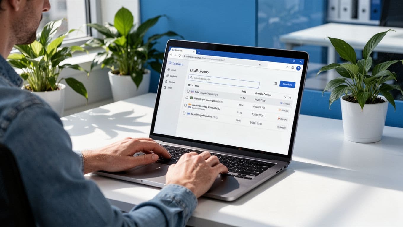 Modern illustration of a person at an office desk using a laptop to search for an email address on Hunter.io, with clean shapes, blue and white palette, focus on screen showing search bar and results. Relaxed office setting with plants and natural daylight, no logos or text readable.