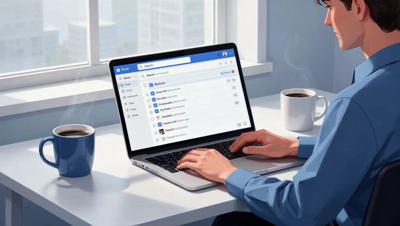 Modern illustration of a person at a focused workspace desk searching for emails on a laptop displaying Hunter.io company domain search interface, with coffee mug and clean design.
