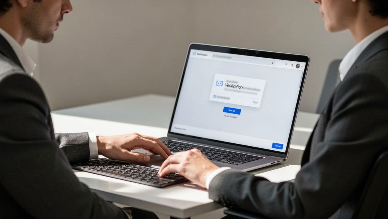 Modern illustration of a focused professional at a minimalist desk verifying email syntax on a laptop showing the Hunter.io interface.