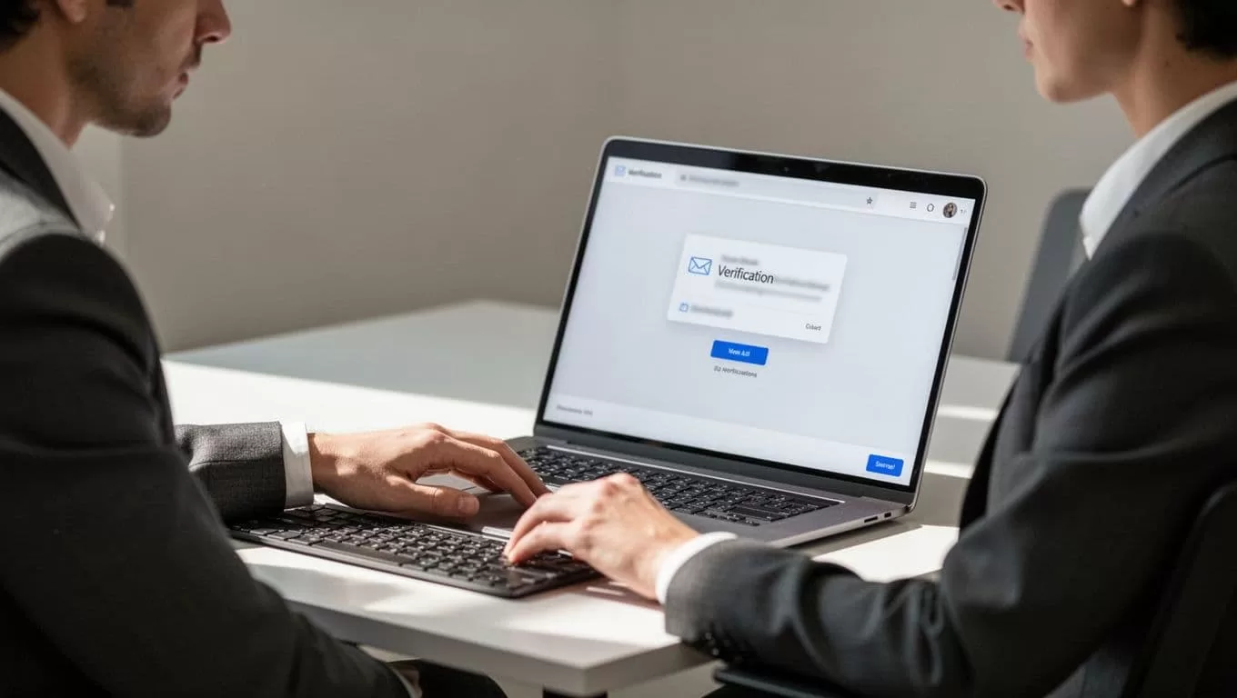 Modern illustration of a focused professional at a minimalist desk verifying email syntax on a laptop showing the Hunter.io interface.