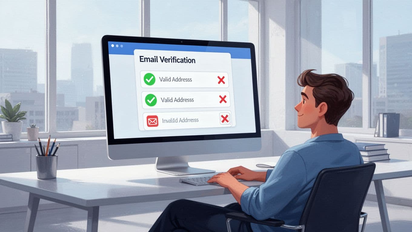 Modern illustration of the email verification process on Hunter.io, featuring green checkmarks on verified emails and red X on invalid ones, shown in an angled dashboard view within a modern workspace with a person in a relaxed pose.