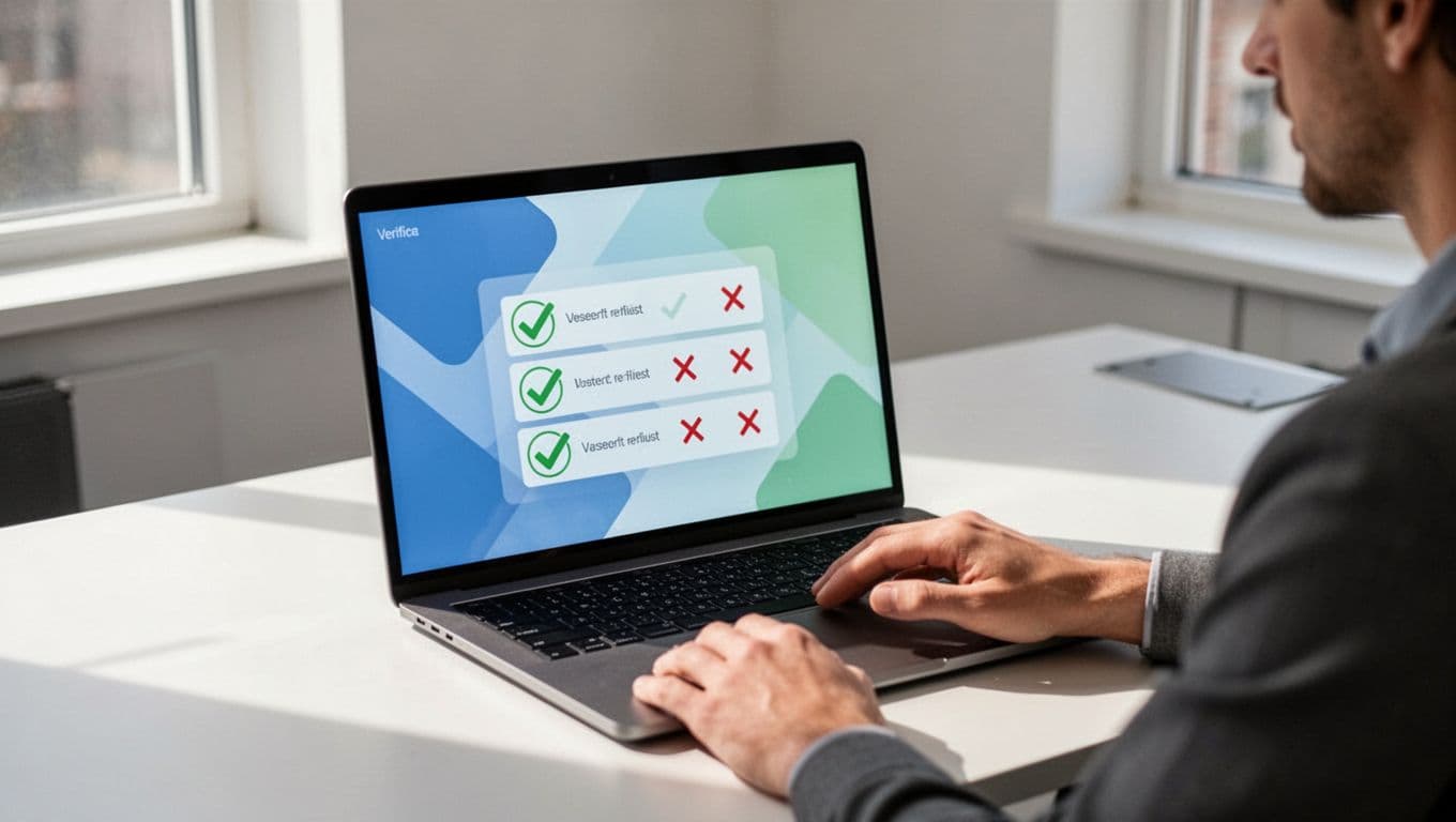Modern illustration of a clean laptop on a desk displaying an abstract Hunter.io email verification dashboard with green checkmarks and red crosses, featuring one partially visible hand in an office setting with soft window light.