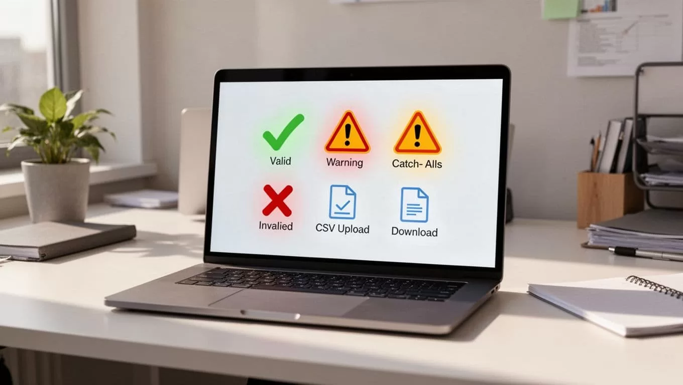 Modern illustration of a laptop screen displaying Hunter.io email verifier results with green checkmarks for valid emails, red X for invalid ones, and catch-all warnings, on an office desk.