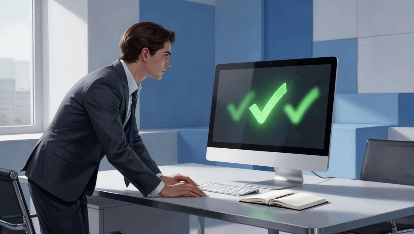 Modern illustration of a professional leaning forward at a desk with a desktop computer displaying blurred Hunter.io email verifier results featuring green check icons and an open notebook nearby.