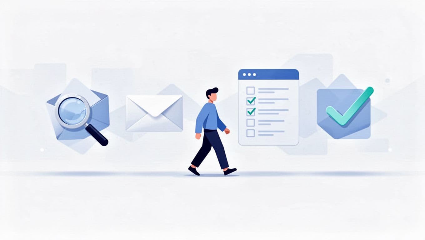 Modern illustration in clean shapes and blues-whites palette showing a flowchart for verifying emails from Hunter.io, with icons for domain search, email list, verification check, and one simple figure following the flow.