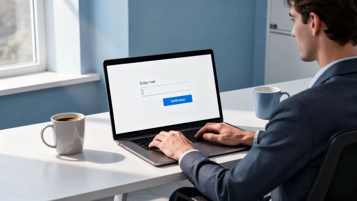 Modern illustration of a person at a desk using a laptop to verify an email on Hunter.io, with screen showing email input and verification button in a clean office with coffee mug.