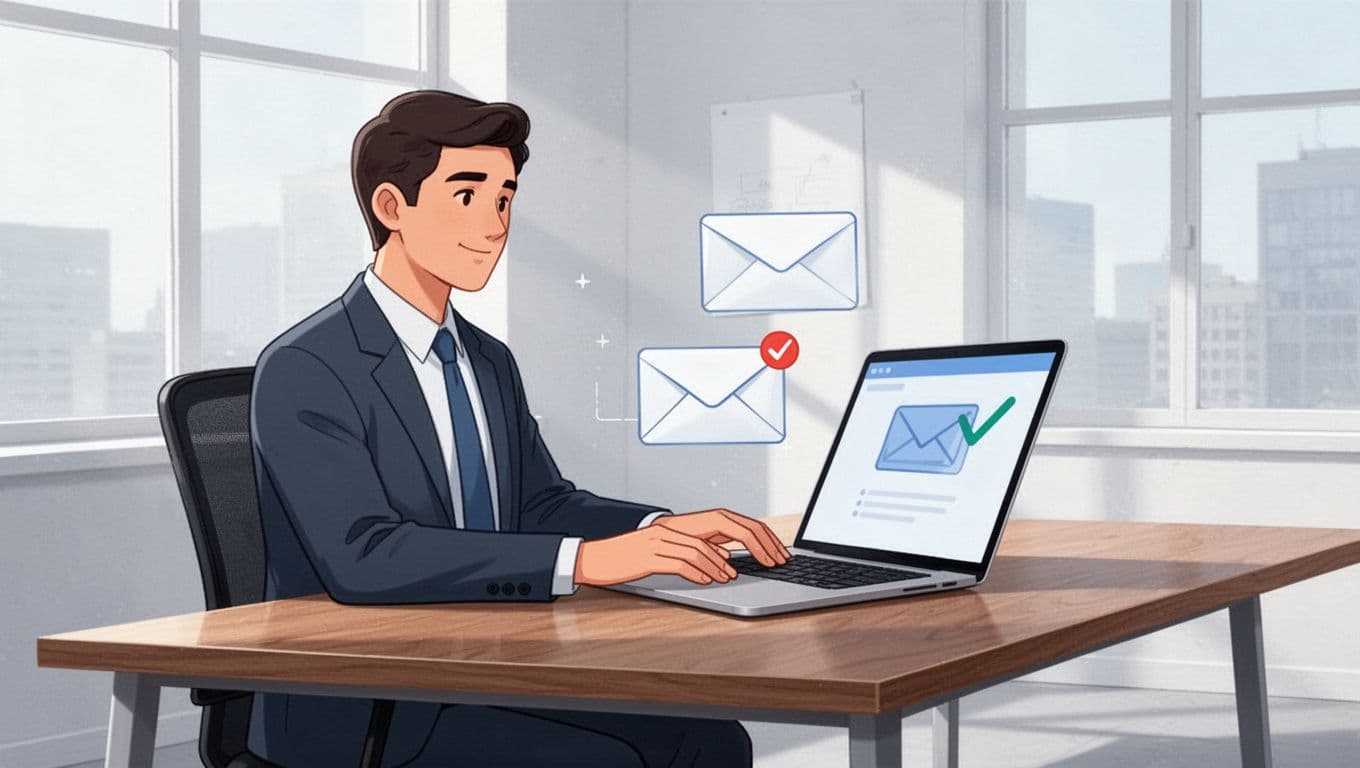 Illustration of a sales professional sitting at a modern wooden desk in a bright office verifying an email address on the Hunter.io website using a laptop computer with clean simple shapes and a controlled palette of soft blues, grays, and whites.