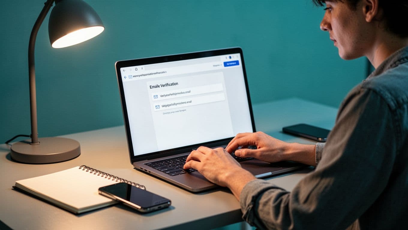 Modern illustration of a person verifying email addresses using the Hunter.io verifier tool on a laptop in a simple workspace with notebook and phone nearby. Close-up on screen interaction with thoughtful expression, warm desk lamp lighting, and blue-green palette.