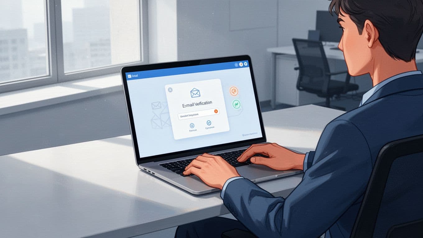 Modern illustration of a person at a desk using Hunter.io on a laptop to verify an email address, screen showing domain search results with MX check status, in a clean office with blue-orange palette.