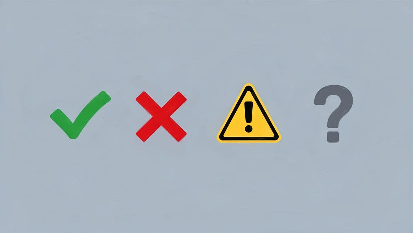 Modern illustration of four email status icons arranged in a row: valid green check, invalid red X, accept-all yellow caution, unknown gray question mark, on a simple background with blues and grays.