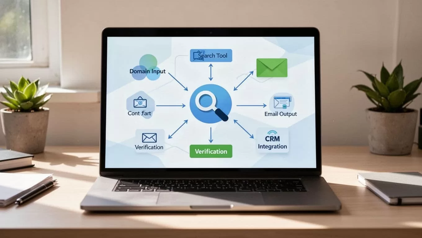 Modern minimalist illustration of an automated Hunter.io workflow diagram featuring domain input, email output, verification, and CRM integration displayed on a laptop in a clean desk setup.