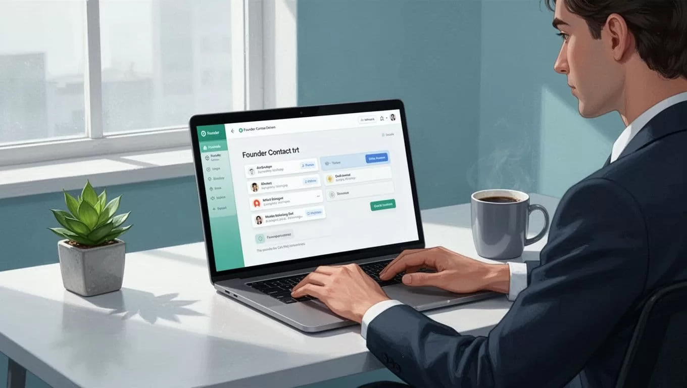 Modern illustration of a focused professional at a clean desk using a laptop to search for tech founder emails on Hunter.io dashboard, with simple office background including plants and coffee mug.