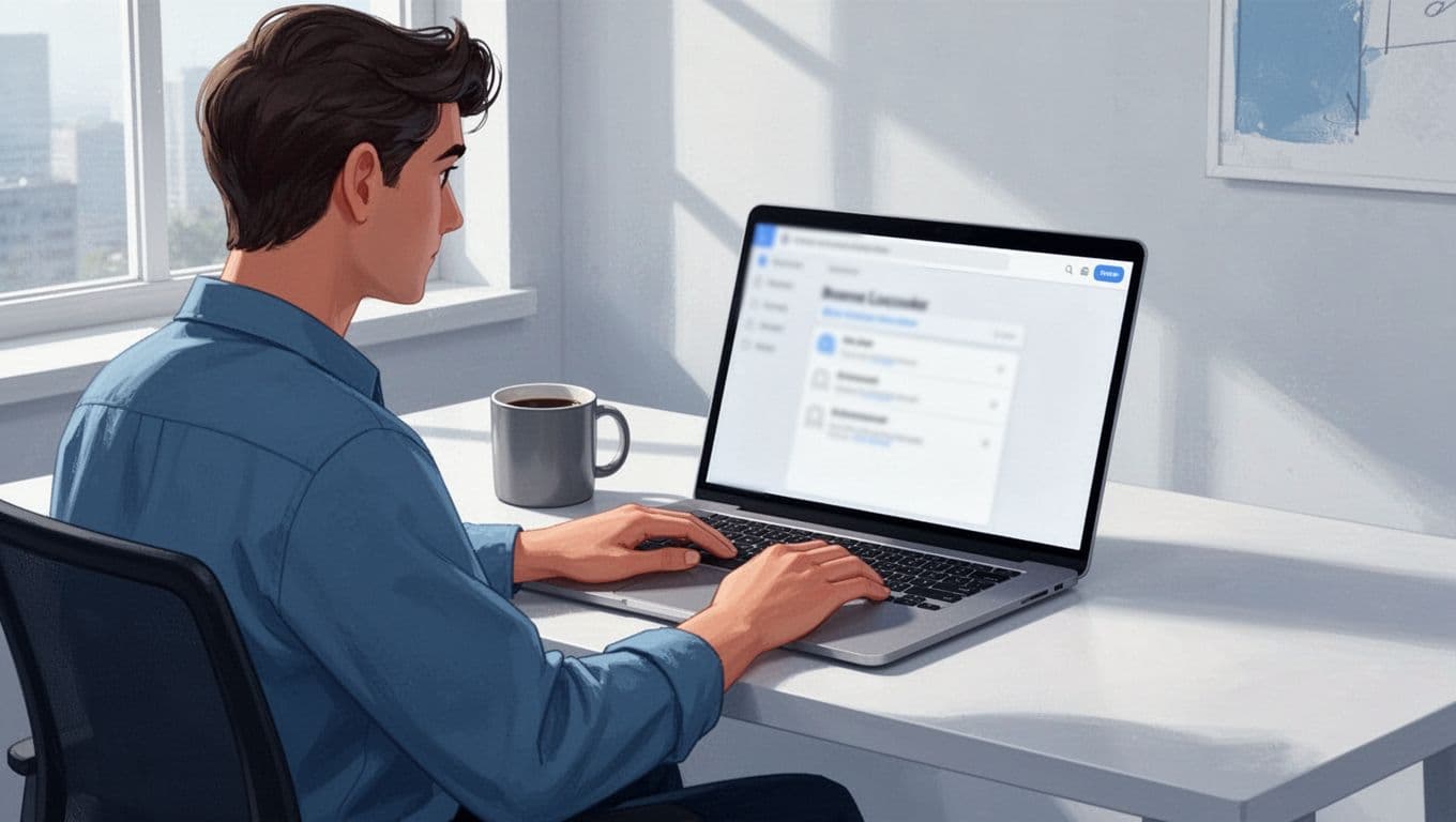 Modern illustration of a person relaxed at a home office desk with a laptop displaying Hunter.io's domain search interface showing blurred HR manager email results, accompanied by a coffee mug.