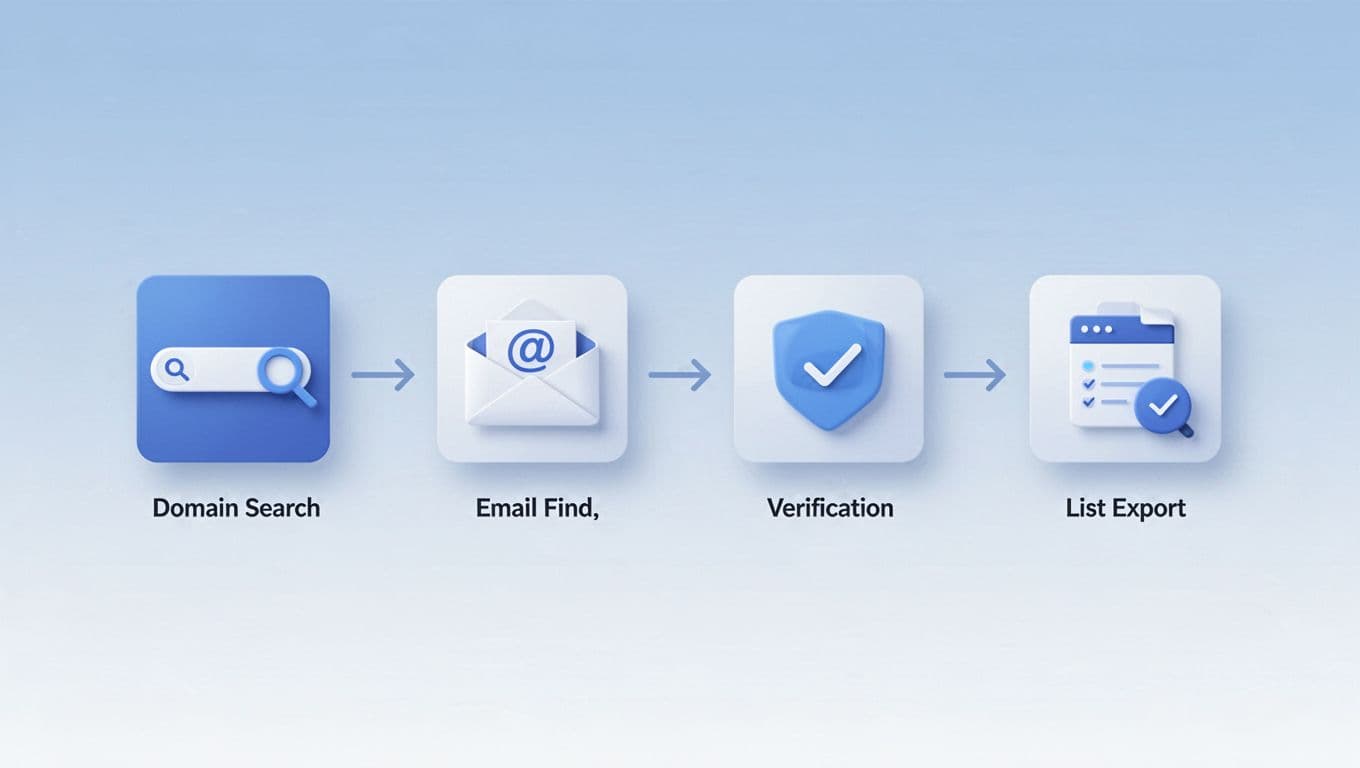 Modern flat design illustration depicting a step-by-step Hunter.io workflow with icons for domain search, email finder, verification, and list export, connected by arrows on a clean blue and white background.