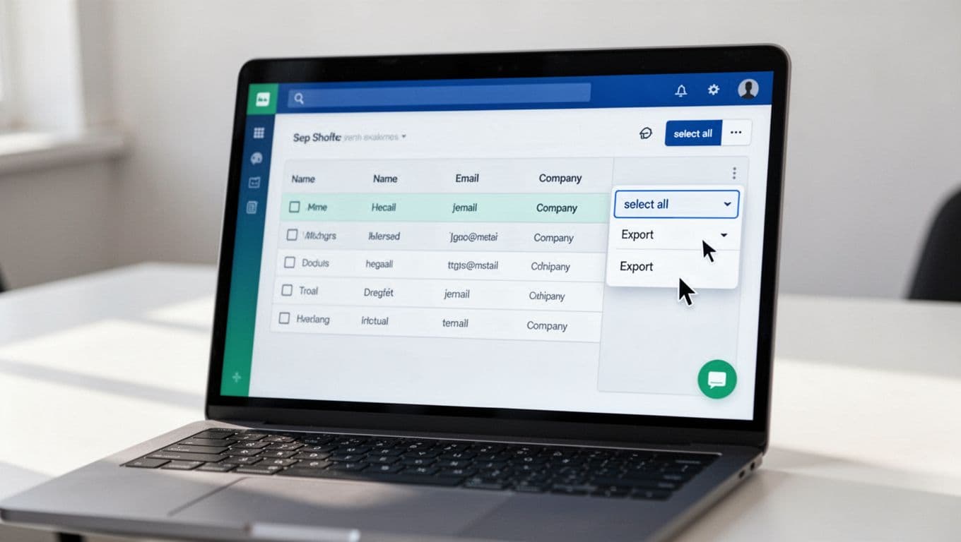 Modern illustration of Hunter.io interface close-up, showing leads table with name, email, company columns, highlighted select all button, and open export dropdown. Laptop screen at slight angle on desk with mouse cursor, clean blues and greens palette, white background, no text or extra objects.