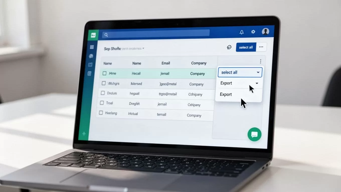 Modern illustration of Hunter.io interface close-up, showing leads table with name, email, company columns, highlighted select all button, and open export dropdown. Laptop screen at slight angle on desk with mouse cursor, clean blues and greens palette, white background, no text or extra objects.