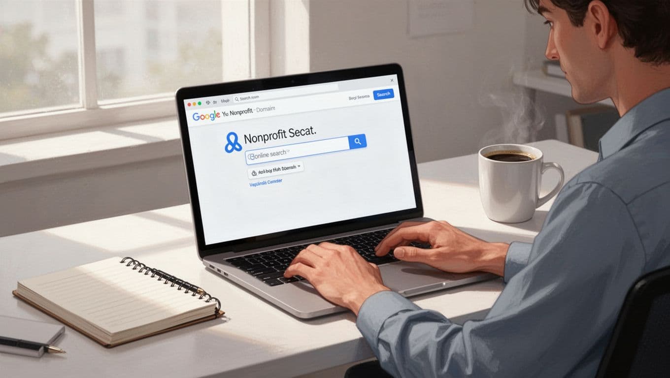Modern illustration of a person at a desk using Hunter.io to search a nonprofit domain for emails, with laptop screen showing the domain search bar, clean office setting, notebook, and coffee mug.