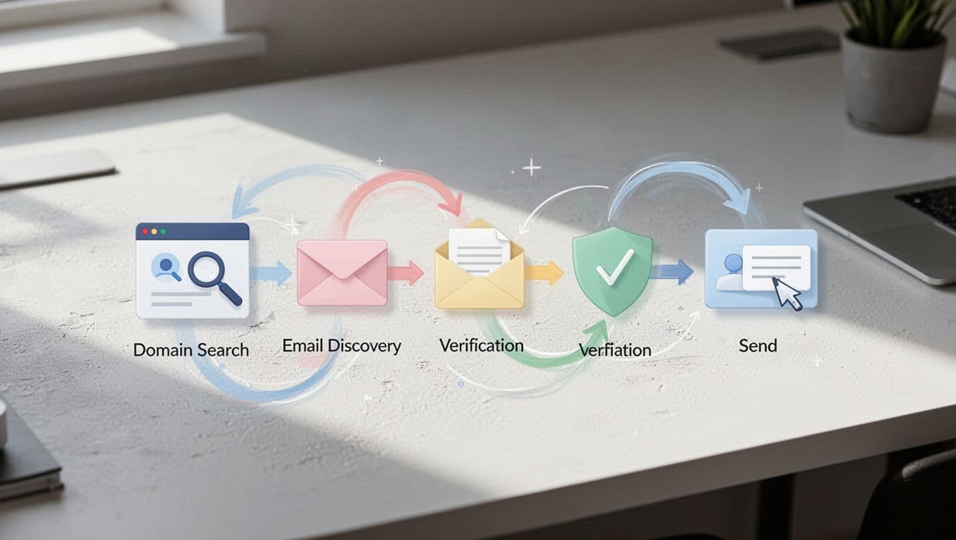 Modern flowchart-style diagram illustrating Hunter.io integration into an outreach sequence, featuring icons for domain search, email finding, verification, and sending, connected by simple arrows on a clean desk background with soft lighting.